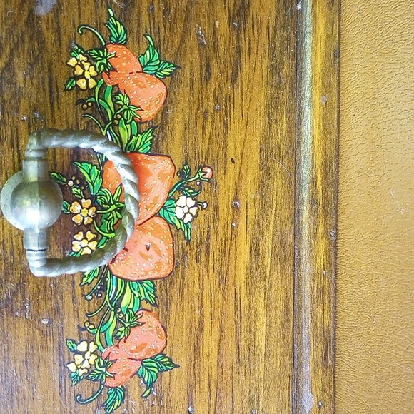 Vintage Brown Wood Kitchen Spice Rack w/ 3 Drawers. Strawberry & Floral Design - Picture 3 of 9
